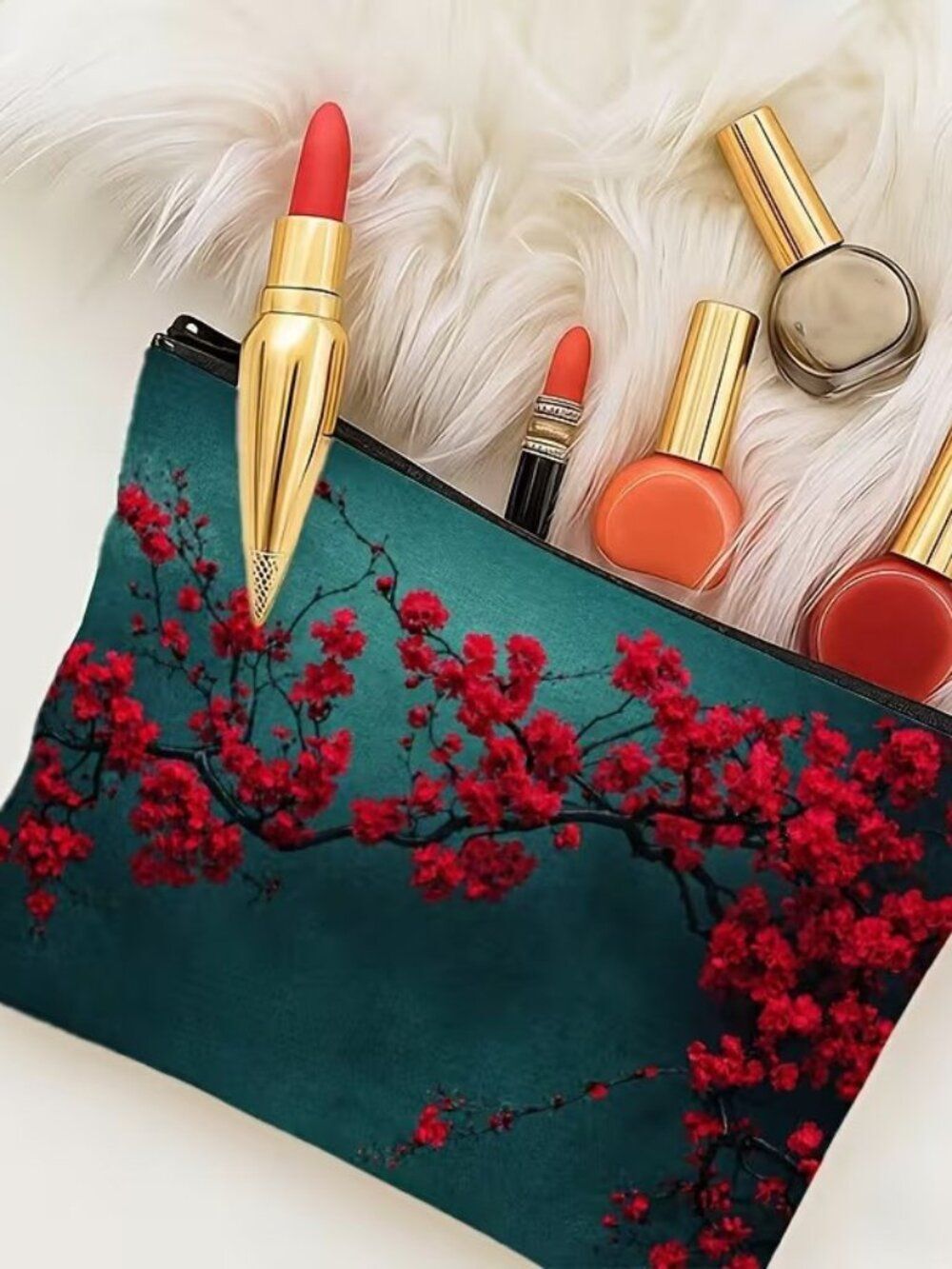 Halloween Gothic Elegant Red Plum Blossom Makeup Bag Double-Sided 7"h x 10"w